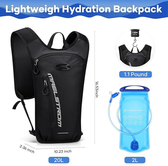 Maelstrom Running Hydration Vest, Hiking Backpack with 2L Water Bladder for Cycling Rave for Men Women