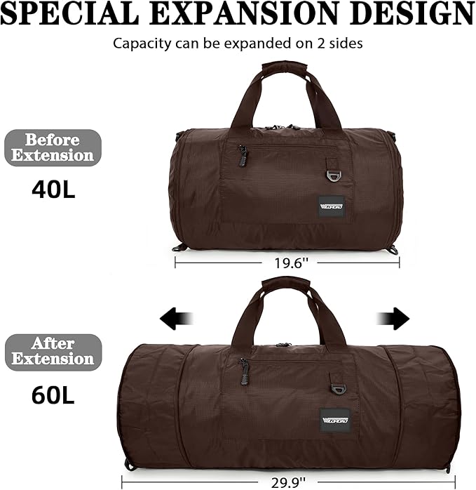 Wildroad Travel Bags for Men, Gym Bag & Duffle Bag for Travel, Carry on Duffel Bag 3 IN 1 Expandable Overnight Weekender Bag (Coffee, Large-50L+ Gym Bag)