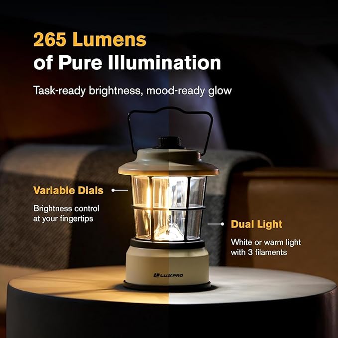 LUXPRO Retro LED Lantern - Battery-Powered Emergency Lantern - Water Resistant - Bright LED Lamp for Indoor & Outdoor Use - Use for Tents, Hiking or Hurricane Prep (Beige, Pack of 2)