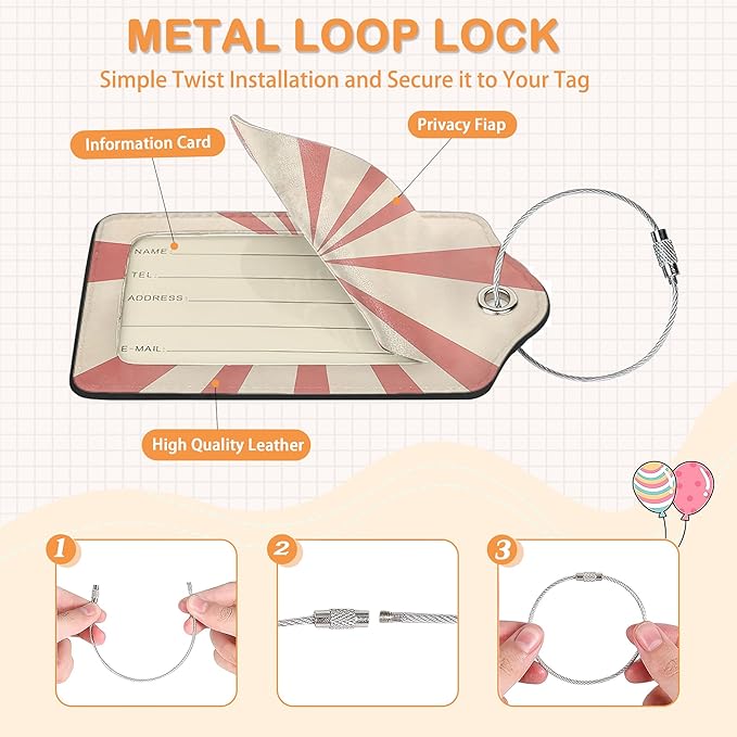 Abstract Colorful Twisted Checkered PU Leather Luggage Tags for Suitcase, Travel Cruise 3 Pack with Privacy Flap, Name ID Label and Metal Loop for Women Men Girls Baggage Bag Backpack