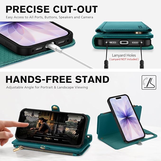 TUCCH Detachable Crossbody Wallet Case for iPhone 17 (6.3"), 9 Card Holders RFID Blocking | Lanyard | Wrist Strap | Wireless Charging | Zipper Pocket | PU Leather | Kickstand Flip Cover | Bluish Green