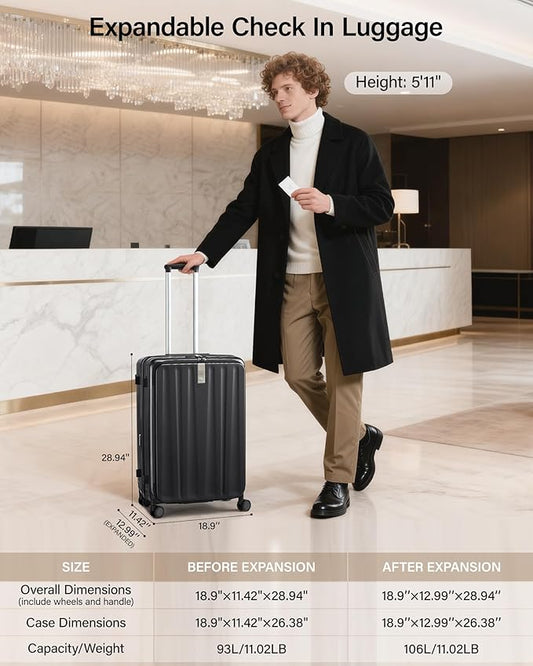 Hanke 26 Inch Expandable Luggage Top Opening Checked Bag Luggage Hard Shell Suitcases with Wheels Lightweight Travel Luggage Heavy Duty Luggage Suitcase with Lock for Woman Men-Jet Black