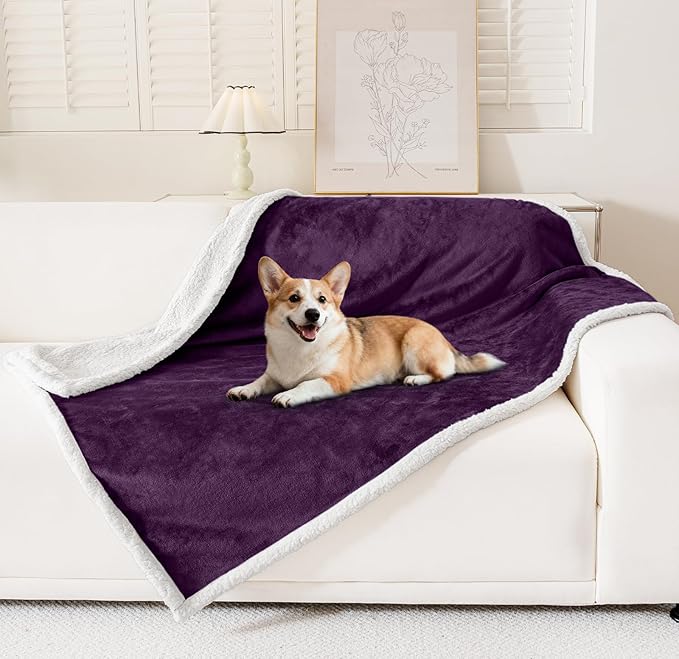Smiry Waterproof Blanket Throw for Large Dogs, Soft Reversible Dog Blanket for Sofa Couch Bed, Washable Leakproof Sherpa Fleece Furniture Couch Protector(40"x60", Dark Purple/White)