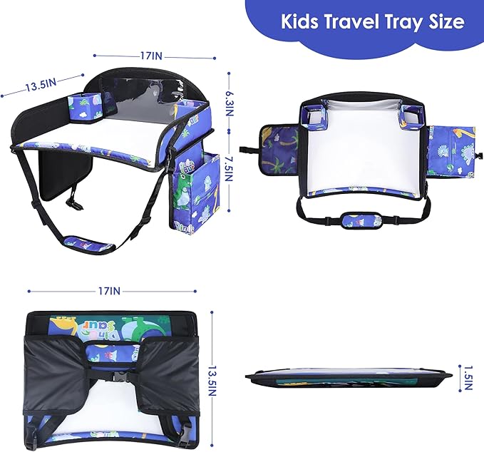 WENRENER Kids Travel Tray for Airplane - Toddler Car Seat Table Tray, Road Trip Essentials for Boys & Girls, Carseat Lap Desk for Kids Road Trip Activities,Blue Dinosaur