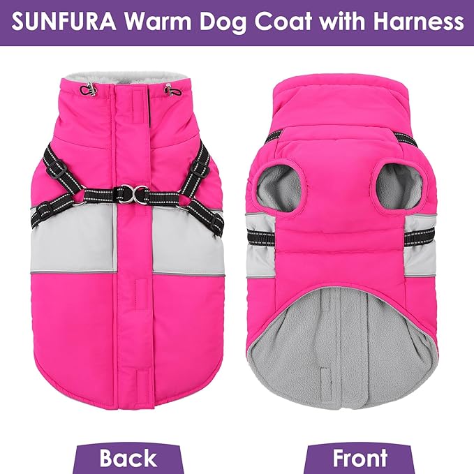 SUNFURA Dog Coat for Large Dogs, Warm Pet Jacket Winter with Harness Built in, Waterproof Pet Snow Jacket with Furry Collar, Reflective Fleece Snowsuit for Extra Large Dogs, Hot Pink XL