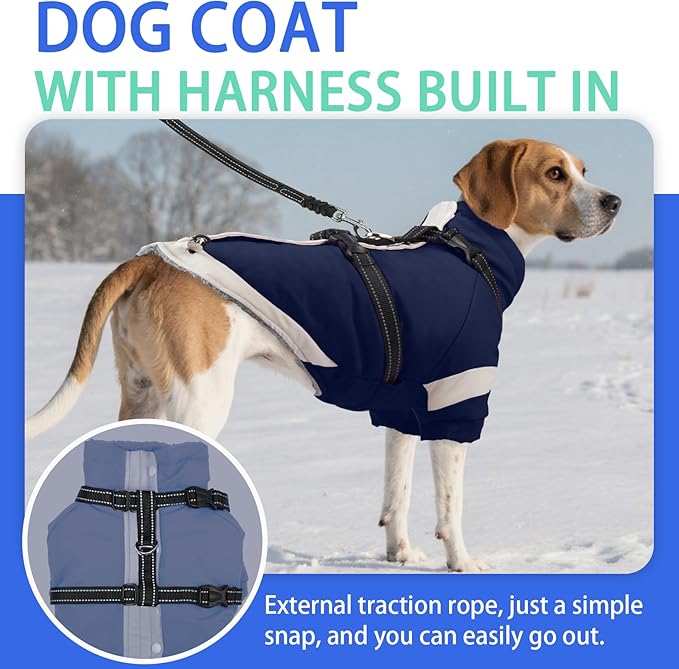 MIGOHI Reflective Dog Winter Coat,Warm Dog Jacket With Harness,Fleece Jacket for Large Dogs,Waterproof Pet Puffer Jacket Snowsuit,Windproof Pet Clothes for Cold Weather,Australian Shepherd,XL,NavyBlue
