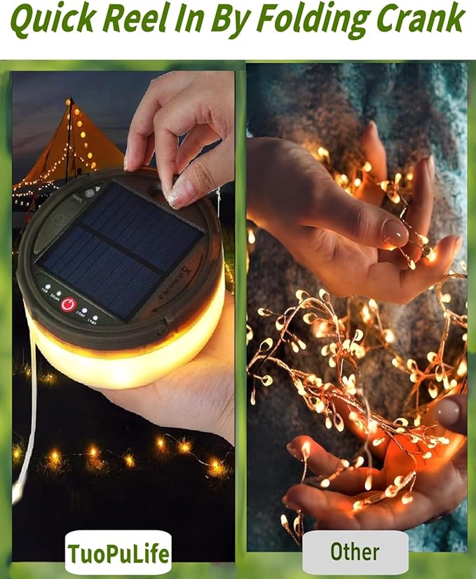 Solar Camping String Lights, 39.4 FT Fairy String Light, 4 in 1 Portable Waterproof Camp Lamp with 8 Lighting Modes, Hanging Rechargeable Tent Lantern for Christmas Decorations Patio Party Essentials