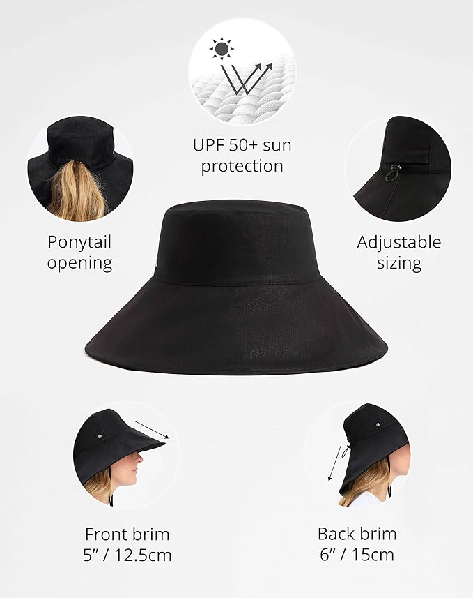 Solbari Women’s Ultra-Wide Cotton Linen Sun Hat UPF 50+, Packable, Adjustable with Ponytail Hole for Travel, Beach & Outdoors