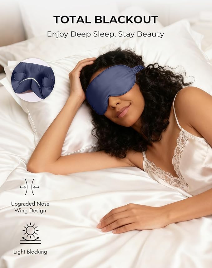 SilkSilky 100% 22 Momme Mulberry Silk Sleep Mask – Upgraded 3D Contoured Eye Mask with Nose Wing Pads & Adjustable Strap, Luxury Blackout Eye Cover for Women & Men (Dark Blue)