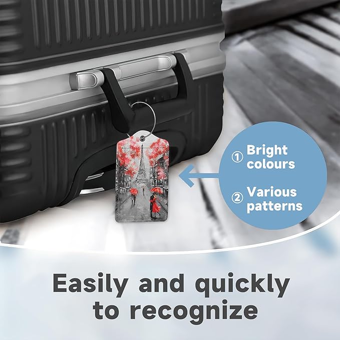 Set of 2 Luggage Tags for Suitcases, Leather Romantic Eiffel Tower Baggage Tags with Stainless Steel Loop, Privacy Name ID Card Cover Kawaii Travel Labels for Women Men Kids Girls