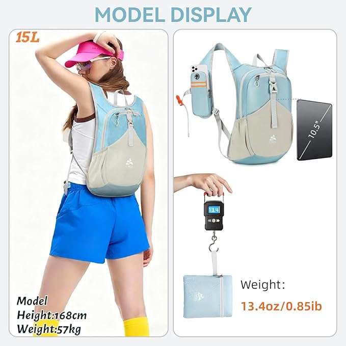 15L Small Hiking Backpack for Women Men Lightweight Packable Backpack Foldable Casual Daypack for Camping Travel Outdoor, Blue