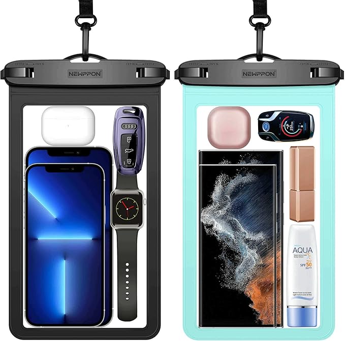 Large Waterproof Phone Pouch : 2 Pack Water-Resistant Clear Cellphone Holder - Universal Underwater Dry Bag Case with Neck Lanyard for iPhone Samsung Galaxy for Beach Swimming Pool
