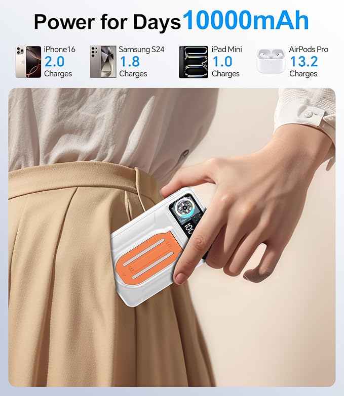 Magnetic Power Bank 10000mAh,Foldable Wireless Portable Charger with Fan Active Cooling System,Fast Charging Battery Pack,Compatible with iPhone 16/15/14/13/12 Pro/Pro Max/Plus/Mini