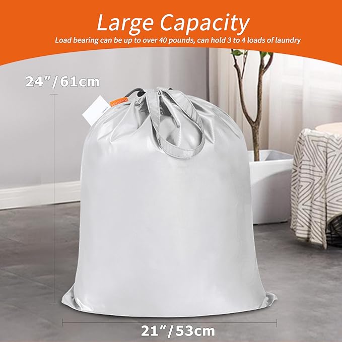 Polecasa Small Heavy Duty Laundry Bag with drawstring closure and Reinforced Handles, Easy to Carry Dirty Clothes Drawstring Bag for Travel, Camp 21”x24”, Silver