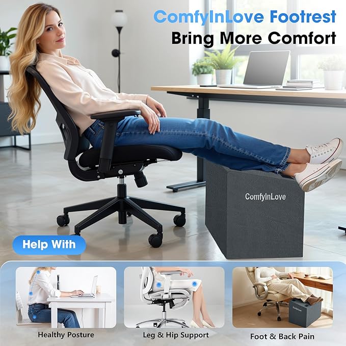 Foot Rest for Under Desk at Work - Non-Slip Foot Stool with 3 Adjustable Heights, Ergonomic Under Desk Footrest with Washable Cover for Desk, Home, Office, Car (Dark Grey)