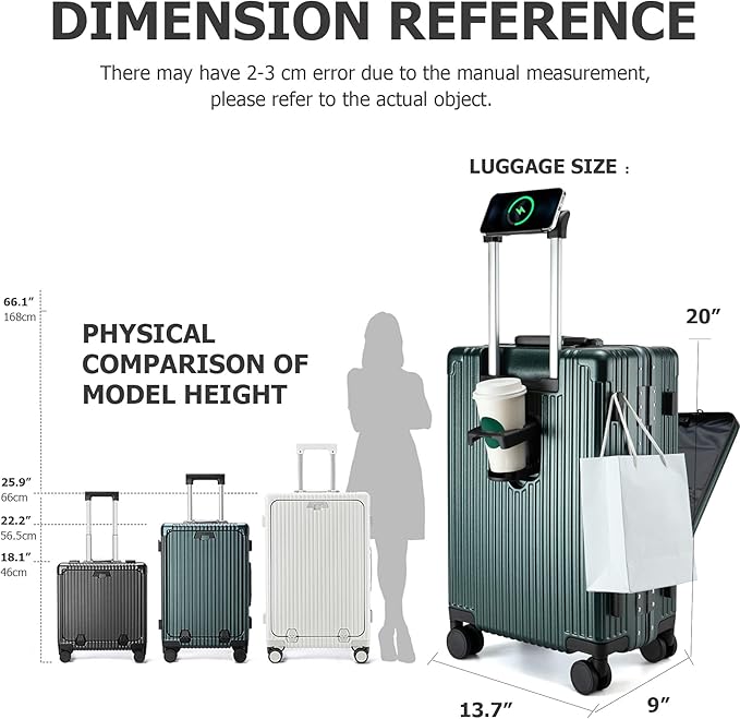 feilario 20in Aluminium Frame PC Hard Shell Spinner Wheels Luggage, Built-In TSA lock Carry on Suitcase, with Cup Holder, USB Port, Phone Holder