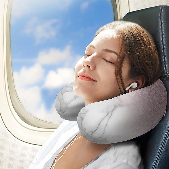 Teens Neck Pillow U-Shaped Memory Foam Travel Support, Modern Rose Gold Pink Glitter White Marble U-Shape, Washable Airplane Car Office Pillow