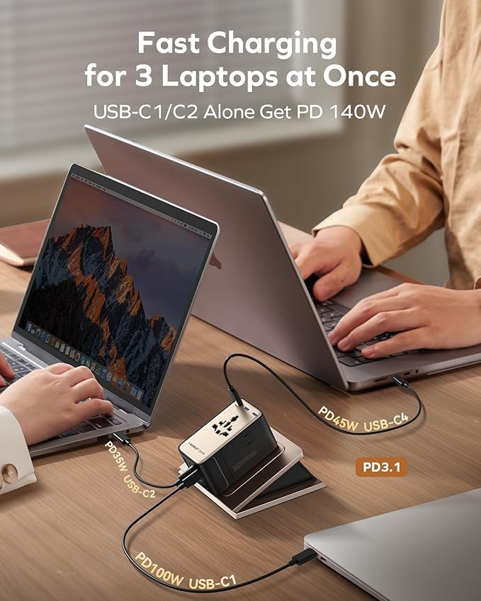 MOMAX GaN 205W Universal Travel Adapter, 9-in-1 European Travel Plug Adapter, 6 USB-C PD Fast Charging & 1 USB-A QC, 2 AC, International Power Adapter UK AUS JP, Travel Essentials