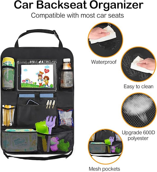 Car Storage Organizer 2 PCS,Car Backseat Organizer for Kids Durable Waterproof Oxford Fabric with Touchable Tablet Holder 8 Mesh Pockets and 2 Pockets for Snacks Toys,Car Travel Accessories