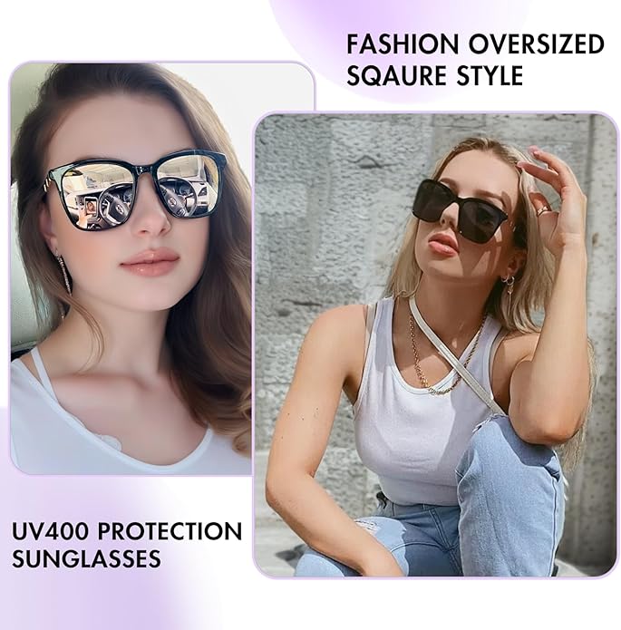 SIPHEW Oversized Square Sunglasses for Women|Lightweight Fashion Sunglasses 100% UV400 Protection|Trendy Mirrored Shade