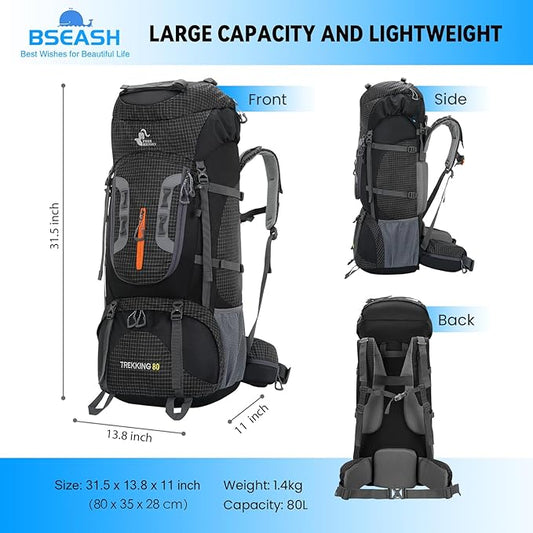 Bseash 80L Waterproof Hiking Camping Backpack with Rain Cover, Lightweight Outdoor Sport Travel Daypack for Climbing Touring (Black)