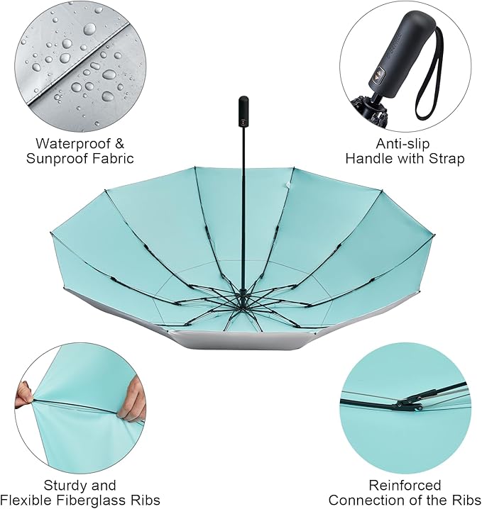 G4Free 46 Inch Inverted Small Travel Umbrella Compact, Reverse UPF 50+ UV Protection Umbrella 10 Ribs Windproof for Rain Double Canopy with Vent Automatic Open Close
