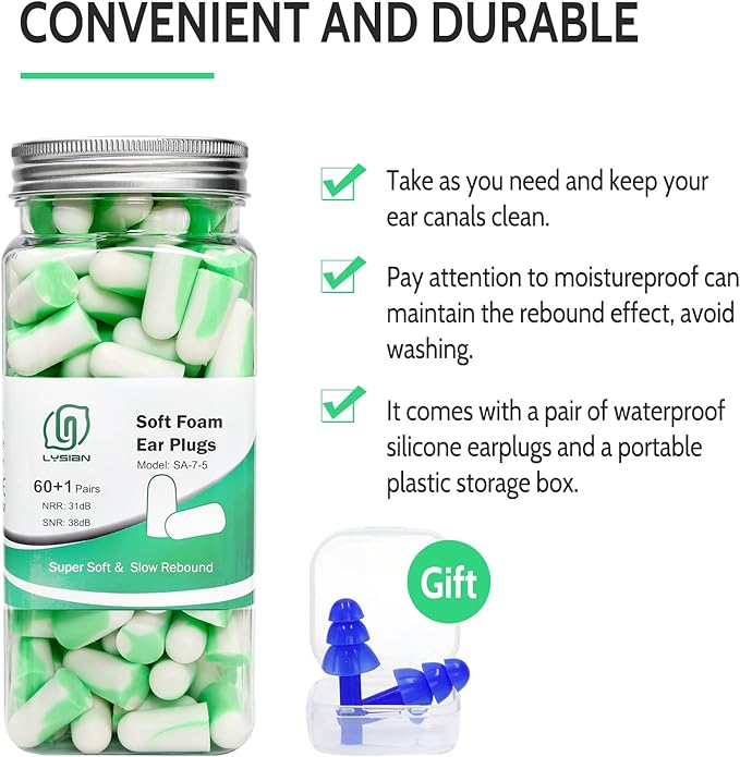 LYSIAN Ultra Soft Foam Earplugs for Sleep 60 Pairs, 38dB SNR Ear Plugs for Sleeping Noise Cancelling, Mowing and Snoring,Double Color Green/White