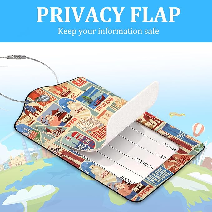 2 Pack Luggage Tag for Suitcase,City Travel Stamps Luggage Tag with PU Leather Privacy Cover ID Label & Stainless Steel Loop for Women Men Travel Bag Suitcase