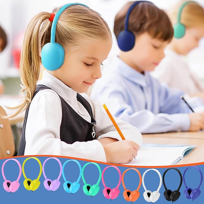 CN-Outlet Bulk Headphones 50 Pack Multi Colored for Kids School Classroom,Durable Wholesale Wired On Ear Headphones for Student Toddler Boys Girls Adults,HD Sound 3.5mm Jack(10 Colors)