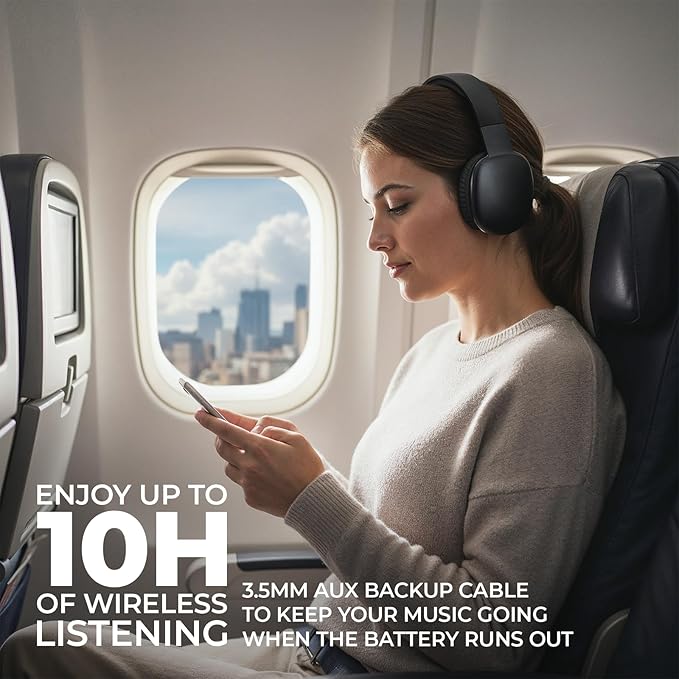 iJoy Ultra Wireless Over-Ear Bluetooth Headphones with Mic, Up to 10 Hours Playtime, Bluetooth Headset 33Ft Range with Backup AUX Cable & SD Slot, Wireless Headphones for Gaming, Work & Gym (Black)