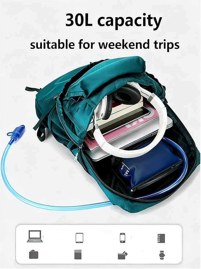 30L Foldable Backpack & Bucket Hat 2 In 1 Combo, Lightweight packable Travel and Fisherman Hat Set, Compact Collapsible Daypack with Sun Hat (Lake Blue)