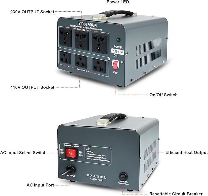 Yinleader 5000 Step Up/Down Transformer Converter 110/120 Volt - 220/240 Volt w/US Power Cord,Circuit Breaker Protection (Grey)