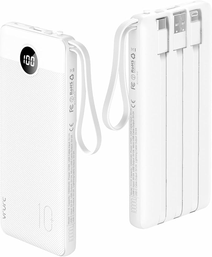 VRURC Portable Charger Power Bank, 10000mAh Travel Essentials Battery Pack, 5 Outputs 2 Inputs Slim Charing Bank Built-in Cables Cords Wires Compatible with iPhone,Samsung,Android-White(1 Pack)