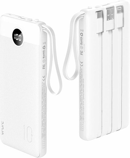 VRURC Portable Charger Power Bank, 10000mAh Travel Essentials Battery Pack, 5 Outputs 2 Inputs Slim Charing Bank Built-in Cables Cords Wires Compatible with iPhone,Samsung,Android-White(1 Pack)