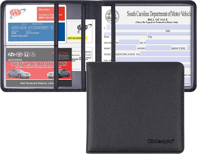Wisdompro Small Car Registration and Insurance Documents Holder - Premium PU Leather Vehicle Glove Box Paperwork Wallet Case Organizer for ID, Driver's License, Key Contact Information Cards