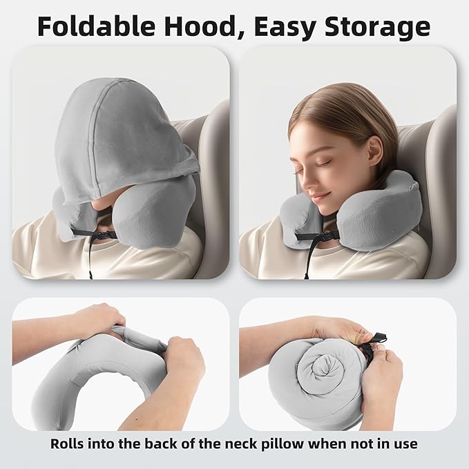 Privacy-Friendly Hooded Travel Pillow for Kids & Adults, Sensory-Friendly, Memory Foam Neck Support for Airplane, Car & Train, Breathable Fabric, Portable, Ultimate Comfort