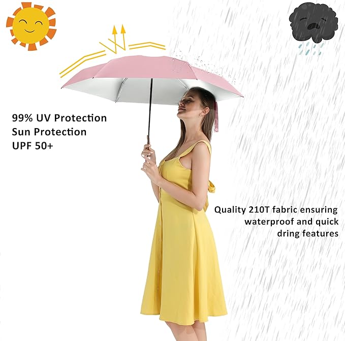 BAODINI Travel Essentials Mini Umbrella for Purse With Case Small Compact UV Sun Protection Lightweight Tiny Pocket Manual Open Close Umbrella for Women Kids and Men Fit Purse Backpack