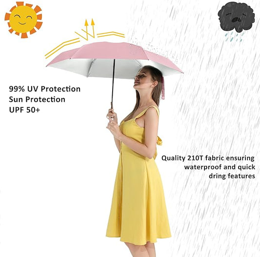 BAODINI Travel Essentials Mini Umbrella for Purse With Case Small Compact UV Sun Protection Lightweight Tiny Pocket Manual Open Close Umbrella for Women Kids and Men Fit Purse Backpack