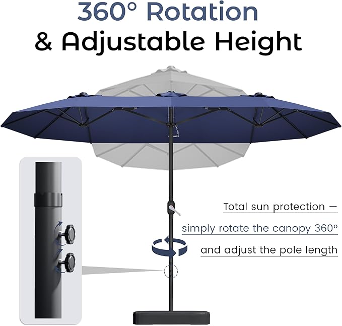 DomeShade 15ft Patio Umbrella with Base,Large Outdoor Double-Sided Rectangle Umbrella with Crank Handle, Market Umbrella for Poolside Garden Deck Backyard Beach Pools, Blue