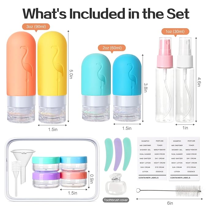 Empty 3 oz Travel Size Bottles Toiletries Containers for Toiletries Liquids，Small Silicone Mini Refillable Leak Proof TSA Approved Travel Bottles for Creams Shampoo and Conditioner Traveling