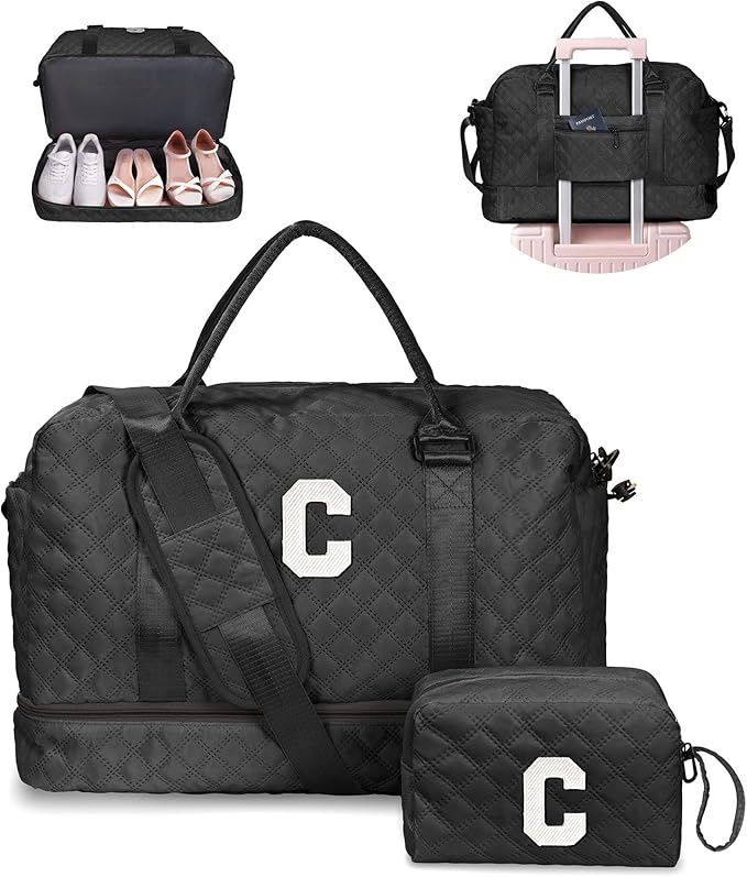 Vogewood Birthday Gifts-for Women-Initial Duffle Bag with Shoe Compartment, Personalized Weekender Bag, Monogram Overnight Bag, Letter Travel Bag with Makeup Bag，Friend Wife Birthday Gift (Letter C)