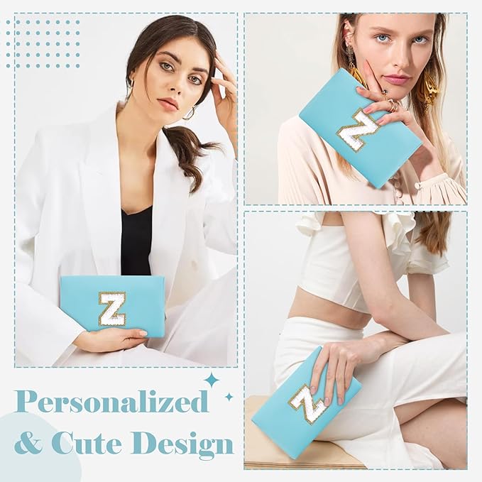 Small Personalized Initial A-Z Preppy Patch Makeup Bag,PU Chenille Letter Travel Cosmetic Pouch with Zipper,Blue Cute Toiletry Bag,Gift Ideal for Teen Girls Women Teacher Bridesmaid,Letter Z