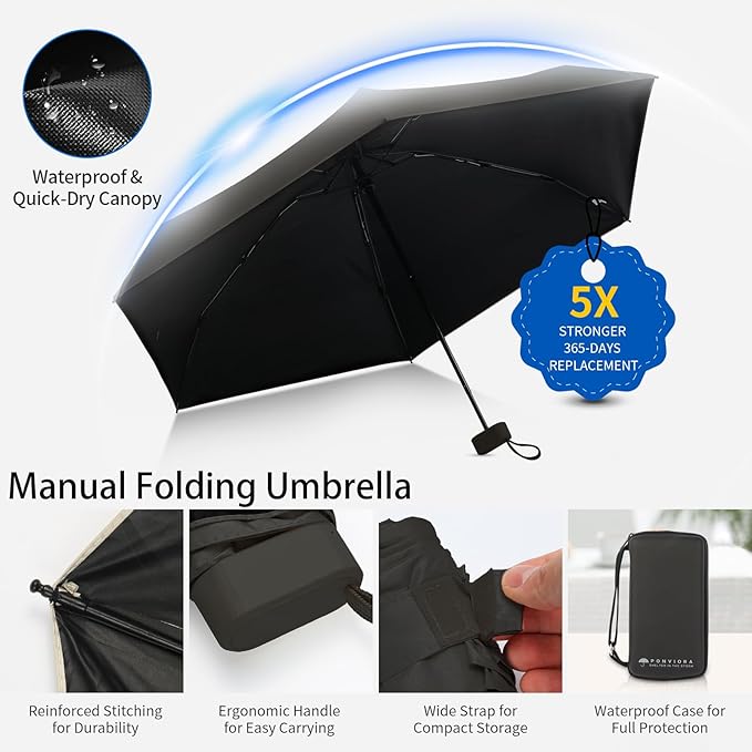 Compact Mini Windproof Travel Umbrella-UPF 50+ Sun & Rain Protection, Small Folding Design Fits in Pocket or Purse, Lightweight Portable with Case for Women, Men & Kids