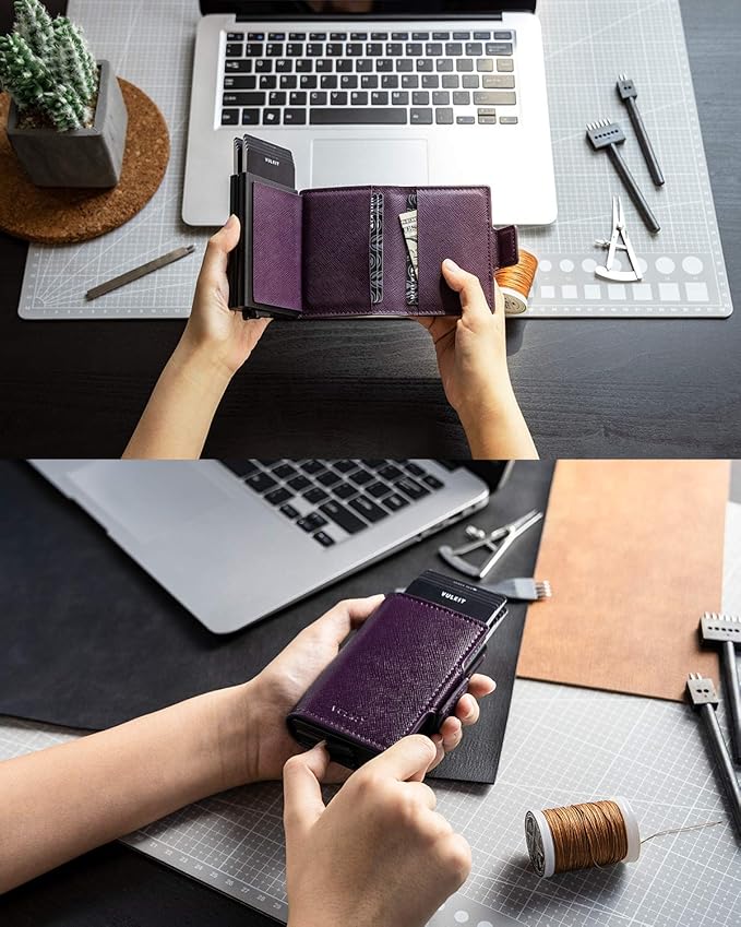 VULKIT Credit Card Holder RFID Blocking Leather Automatic Pop Up Wallet Magnetic Wallet Double Card Case for Men and Women