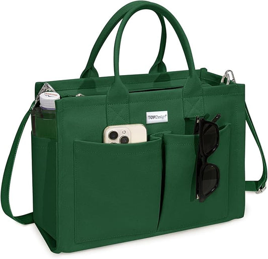 TOPDesign Heavy-Duty Canvas Tote Bag for Women, Adjustable Crossbody/Shoulder Handbag with 9 Pockets, Everything Tote