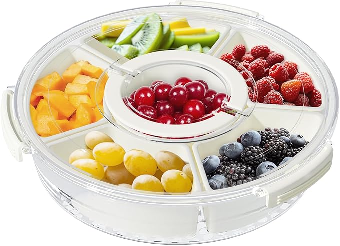 Divided Serving Tray with Lid and Handle, Portable Snackle Box, 6 Compartment Food Container, Travel Snack Box Container for Veggie, Fruit, Candy and Charcuterie