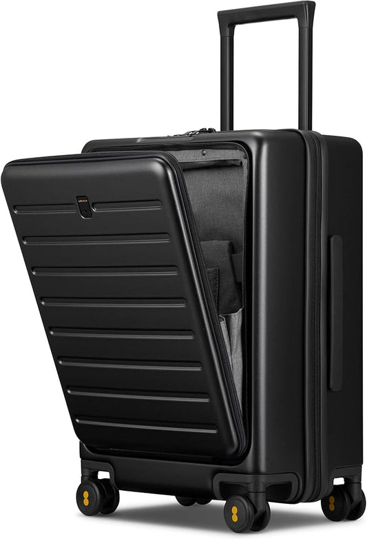 LEVEL8 Carry On Luggage with Compartment, 20 Inch Lightweight Hard Shell Rolling Suitcase with Wheels Airline Approved with Front Pocket, Double Tsa Locks, Black