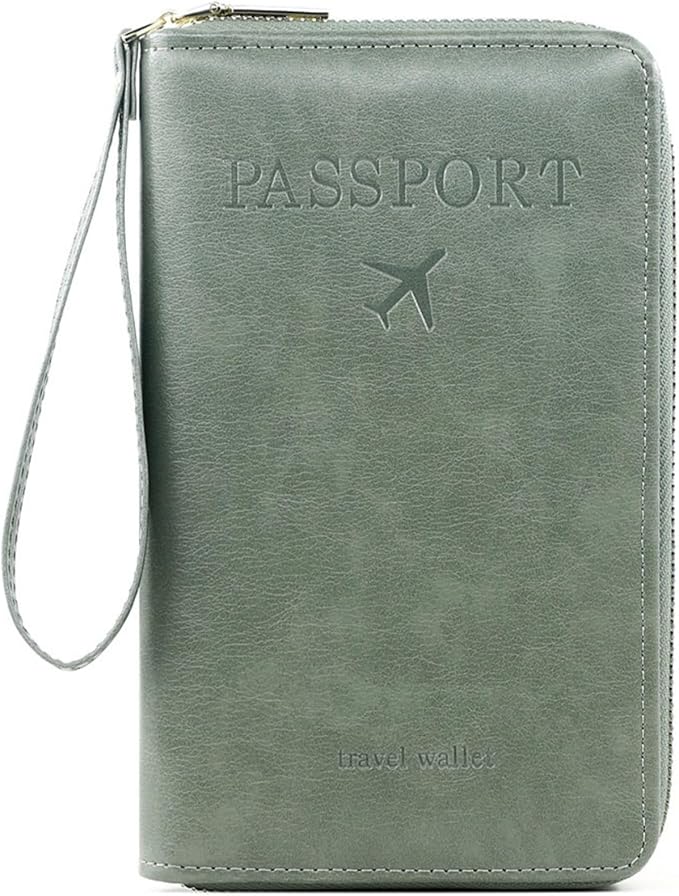 S-11 RFID Blocking Passport Holder Travel Wallet, Slim Zipper Card Case with ID Window, Boarding Pass Slot & Credit Card Organizer for Men and Women. (Green)