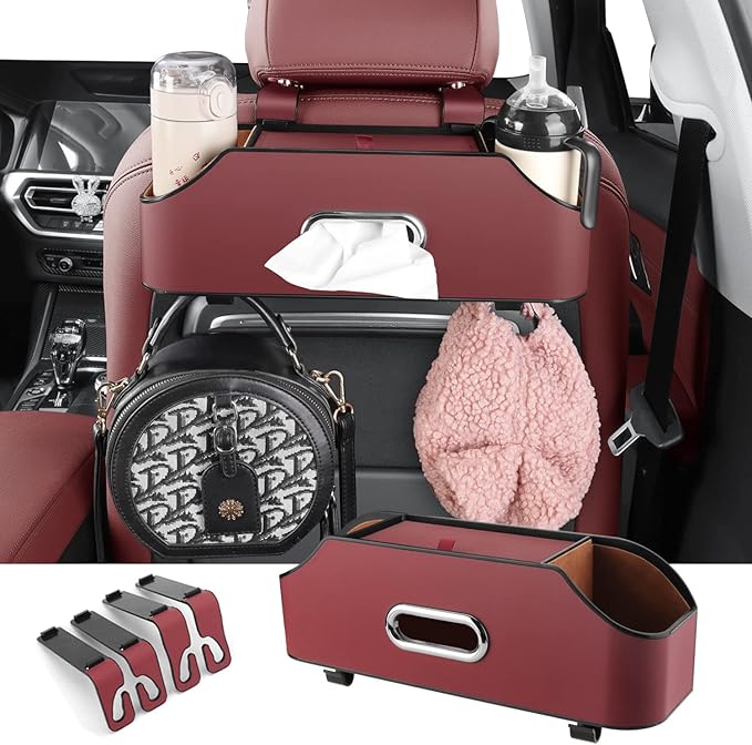 HOLDCY Car Back Seat Organizer with 2 Drink Cup Holder - Tissue Box and Storage Box Hook - Multi-functional Storage - Great for Kids and Travel (Red)