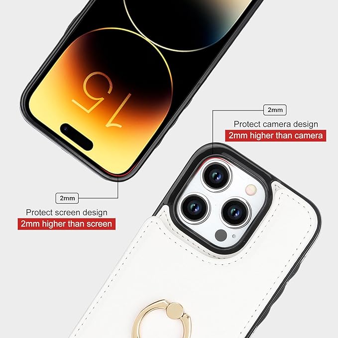 Folosu Compatible with iPhone 15 Pro Case Wallet with Card Holder, 360°Rotation Finger Ring Holder Kickstand, RFID Blocking Leather Protective Double Buttons Shockproof Cover 6.1 Inch White